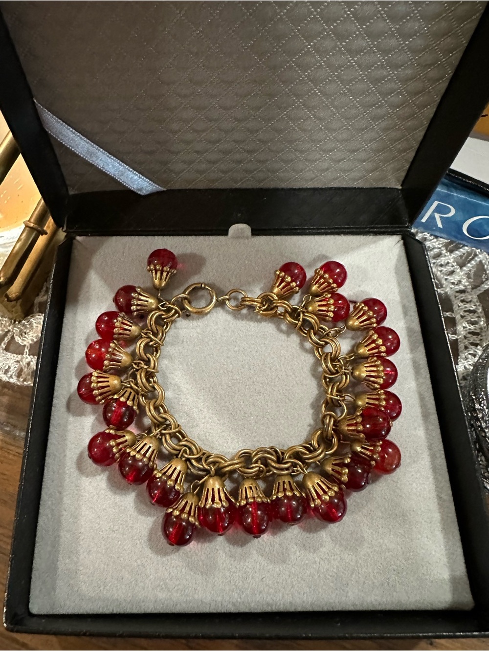 1950s West Germany Style Red Glass Dangle Cluster Bracelet Antiqued Brass - Picture 5 of 9